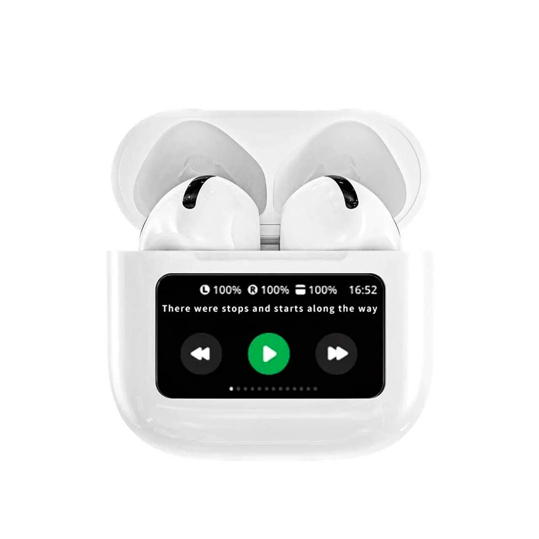 Auriculares inalambricos con display en color blanco.