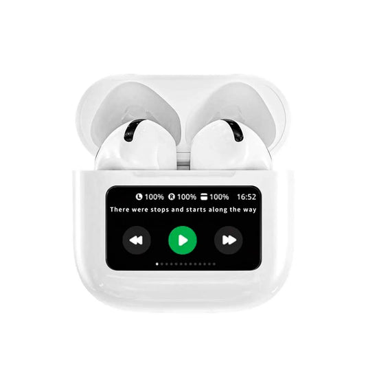Auriculares inalambricos con display en color blanco.