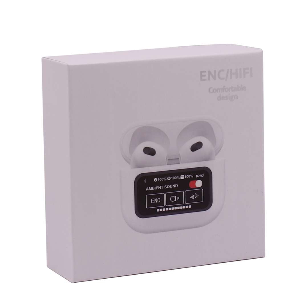 Auriculares inalambricos con display en color blanco.