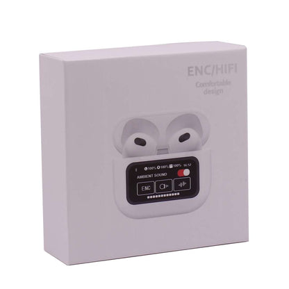 Auriculares inalambricos con display en color blanco.